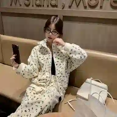夏芬妍 时尚百搭经典豹纹立领开衫家居服亲肤休闲舒适长袖长裤可外穿睡衣套装 女款 杏色