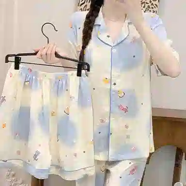 夏芬妍 柔软舒适卡通云朵棉翻领开衫家居服亲肤休闲短袖三件套时尚可外穿睡衣套装 女款 蓝色