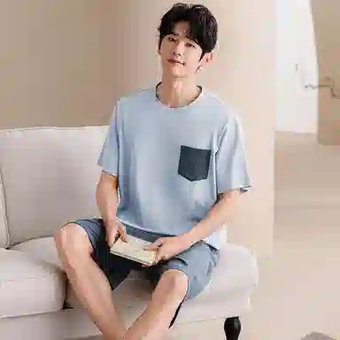 夏芬妍 柔软舒适休闲圆领纯色贴袋纯棉短袖短裤时尚可外穿家居服睡衣套装 男女同款