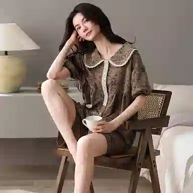 夏芬妍 简约舒适柔软复古蕾丝纯棉翻领家居服透气亲肤宽松短袖短裤可外穿睡衣套装 女款 棕色