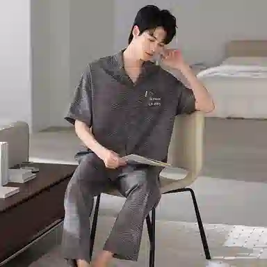 夏芬妍 简约时尚大方柔软舒适不规则纹理翻领家居服亲肤休闲短袖长裤可外穿睡衣套装 男款 灰色