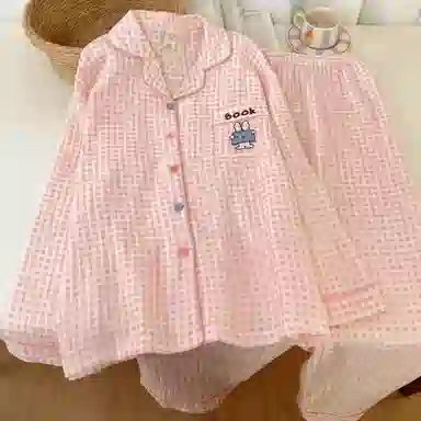夏芬妍 简约甜美风格子小兔棉纱翻领家居服亲肤休闲舒适长袖长裤可外穿春秋款睡衣套装 女款 粉色