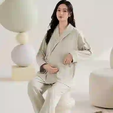 夏芬妍 舒适亲肤纯色带胸垫家居服休闲宽松长袖长裤可外穿产前产后和服月子服睡衣套装 女款 绿色