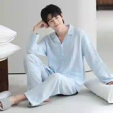 夏芬妍 休闲舒适纯色双层纱婴儿棉翻领开衫家居服柔软亲肤可外穿长袖长裤睡衣套装 男款 蓝色