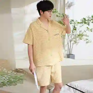 夏芬妍 柔软舒适时尚格子云朵棉翻领家居服亲肤休闲短袖短裤可外穿睡衣套装 男款 黄色