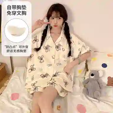 夏芬妍 柔软舒适卡通考拉翻领开衫家居服亲肤短袖短裤休闲带胸垫可外穿睡衣套装 女款