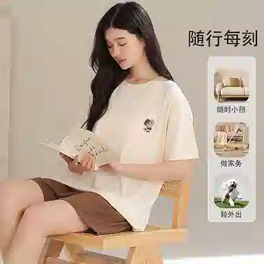 夏芬妍 时尚柔软亲肤纯色圆领家居服简约休闲舒适短袖短裤可外穿睡衣套装 女款 米黄色