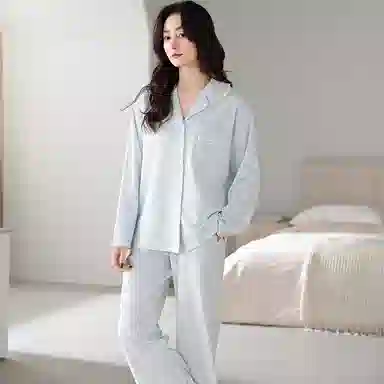 夏芬妍 休闲舒适简约高级感蘑菇花朵印花经典翻领开衫家居服宽松柔软亲肤长袖长裤可外穿睡衣套装 女款 蓝色