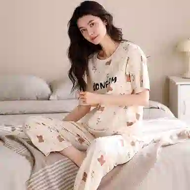夏芬妍 简约舒适柔软碎花小熊纯棉家居服透气亲肤宽松短袖圆领套头三件套可外穿睡衣套装 女款 杏色