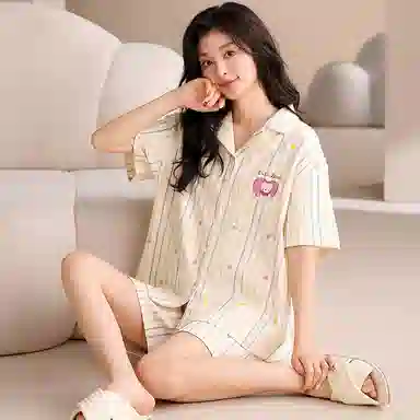 夏芬妍 甜美可爱条纹爱心小熊舒适亲肤宽松短袖短裤时尚翻领可外穿家居服睡衣套装 女款 杏色