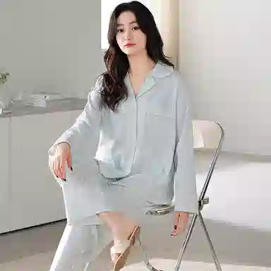 夏芬妍 休闲舒适简约高级感蘑菇花朵印花经典翻领开衫家居服宽松柔软亲肤长袖长裤可外穿睡衣套装 女款 蓝色