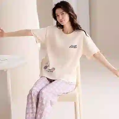夏芬妍 简约舒适柔软复古格子草莓兔纯棉家居服透气亲肤宽松短袖圆领套头三件套可外穿睡衣套装 女款 紫色