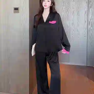 夏芬妍 简约休闲高级感蕾丝翻领家居服舒适亲肤长袖长裤可外穿睡衣套装 女款 黑色