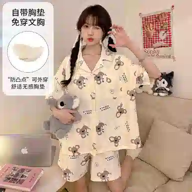 夏芬妍 柔软舒适卡通考拉翻领开衫家居服亲肤短袖短裤休闲带胸垫可外穿睡衣套装 女款