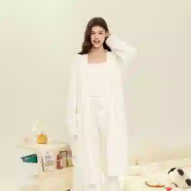 夏芬妍 简约时尚亲肤吊带浴袍三件套家居服保暖舒适休闲可外穿长袖长裤睡衣套装 女款 白色