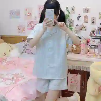 夏芬妍 简约休闲舒适时尚纯色纯棉翻领家居服亲肤宽松短袖短裤可外穿睡衣套装 女款 蓝色