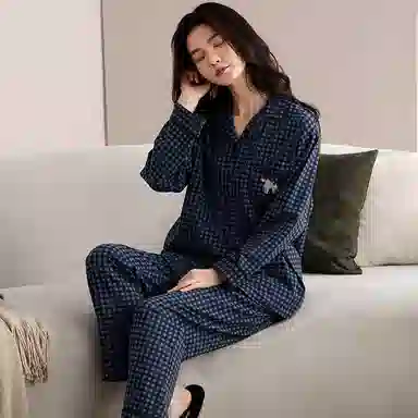 夏芬妍 时尚简约休闲格子翻领家居服亲肤舒适长袖长裤可外穿睡衣套装 男款 藏蓝色