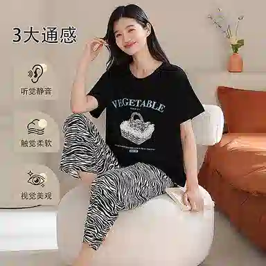 夏芬妍 简约大方柔软字母果篮圆领开衫家居服亲肤休闲舒适短袖长裤可外穿睡衣套装 女款 黑色