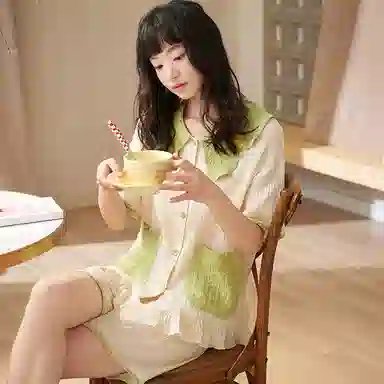 夏芬妍 甜美柔软舒适小凤梨云朵棉公主翻领家居服亲肤休闲短袖短裤可外穿睡衣套装 女款 杏绿色