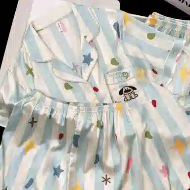 夏芬妍 甜美休闲舒适条纹星星小狗冰丝家居服亲肤宽松短袖短裤长裤时尚可外穿睡衣套装 女款