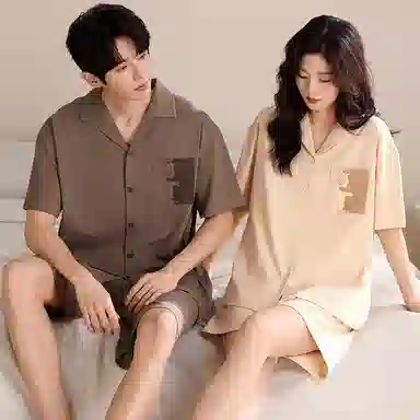 夏芬妍 简约柔软舒适纯色小猫贴袋纯棉翻领家居服透气亲肤宽松短袖短裤可外穿睡衣套装 男女同款