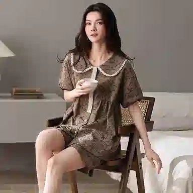 夏芬妍 简约舒适柔软复古蕾丝纯棉翻领家居服透气亲肤宽松短袖短裤可外穿睡衣套装 女款 棕色