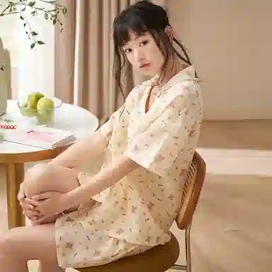 夏芬妍 甜美柔软舒适蝴蝶结小樱桃云朵棉翻领家居服亲肤休闲短袖短裤可外穿睡衣套装 女款 杏色
