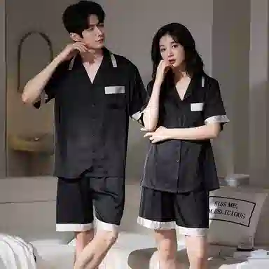 夏芬妍 简约高级感舒适凉感撞色缎面冰雪丝翻领家居服亲肤休闲短袖短裤时尚可外穿夏季薄款睡衣套装 男女同款 黑色