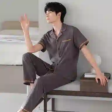 夏芬妍 简约时尚大方柔软舒适纯色字母边翻领家居服亲肤休闲短袖长裤可外穿睡衣套装 男款