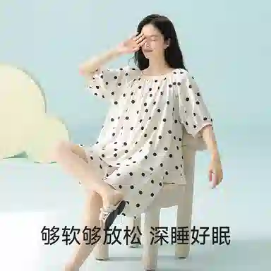 夏芬妍 柔软舒适透气亲肤波点圆领家居服休闲凉感短袖时尚可外穿睡衣套装 女款 杏色