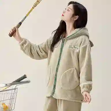 夏芬妍 简约时尚亲肤可爱连帽卡通加厚保暖舒适可外穿睡衣套装 女款 浅卡色