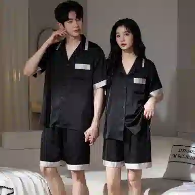 夏芬妍 简约高级感舒适凉感撞色缎面冰雪丝翻领家居服亲肤休闲短袖短裤时尚可外穿夏季薄款睡衣套装 男女同款 黑色