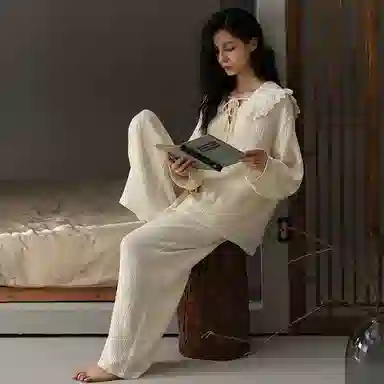 夏芬妍 时尚轻盈舒适柔软甜美公主领婴儿棉双层纱家居服休闲亲肤宽松长袖长裤可外穿睡衣套装 女款 杏色