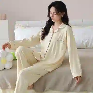 夏芬妍 休闲舒适简约高级感千鸟格满印经典翻领开衫宽松柔软亲肤长袖长裤可外穿睡衣套装 女款 黄色