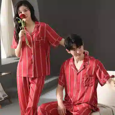 夏芬妍 大红喜庆系列  柔软舒适丝滑结婚本命年翻领条纹冰丝家居服休闲长袖短袖长裤可外穿睡衣套装 男女同款