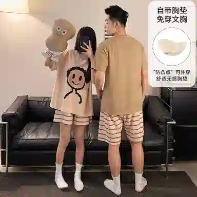 夏芬妍 简约时尚柔软亲肤卡通条纹圆领短袖短裤家居服休闲可外穿夏季睡衣套装 男女同款