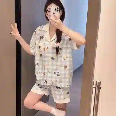 夏芬妍 柔软舒适格子小狗云朵棉翻领开衫家居服亲肤休闲短袖短裤时尚可外穿睡衣套装 女款 蓝色