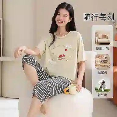 夏芬妍 简约大方柔软草蛋糕条纹裤圆领家居服亲肤休闲舒适短袖七分裤可外穿睡衣套装 女款 浅黄色