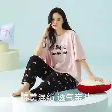 夏芬妍 时尚舒适柔软蝴蝶结樱桃小猫莫代尔棉家居服凉感透气亲肤宽松短袖长裤可外穿睡衣套装 女款 粉色