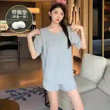 夏芬妍 柔软舒适慵懒风纯色圆领家居服亲肤休闲带胸垫短袖短裤时尚可外穿睡衣套装 女款 浅灰色