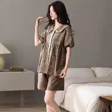 夏芬妍 简约舒适柔软复古蕾丝纯棉翻领家居服透气亲肤宽松短袖短裤可外穿睡衣套装 女款 棕色