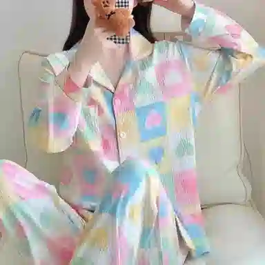 夏芬妍 柔软舒适多巴胺爱心开衫家居服亲肤休闲长袖长裤可外穿睡衣套装 女款 图片色