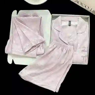 夏芬妍 简约休闲高级感蝴蝶结冰丝翻领带胸垫家居服舒适亲肤宽松短袖三件套可外穿睡衣套装 女款 紫色