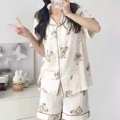 夏芬妍 甜美休闲舒适时尚气球小熊双层棉纱翻领家居服亲肤宽松短袖短裤可外穿睡衣套装 女款 杏色