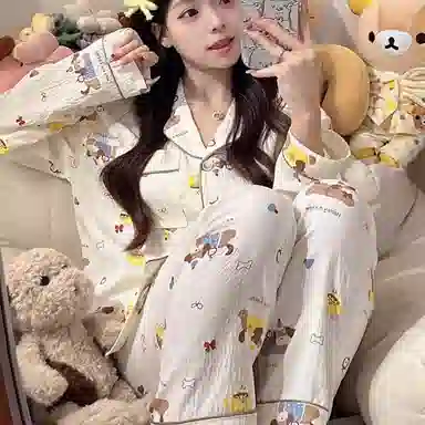 夏芬妍 柔软舒适萌狗乐园云朵棉开衫家居服亲肤休闲长袖长裤可外穿春秋款睡衣套装 女款 杏色