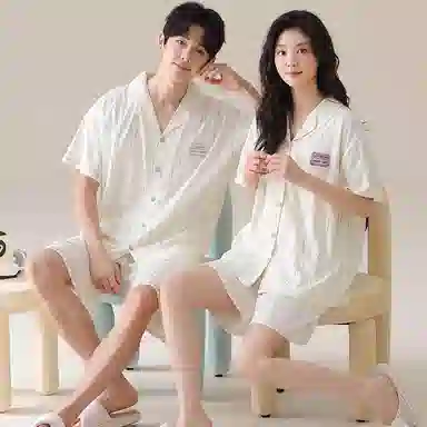 夏芬妍 简约休闲简约条纹云朵棉翻领舒适亲肤宽松短袖短裤时尚可外穿家居服睡衣套装 男女同款 杏色