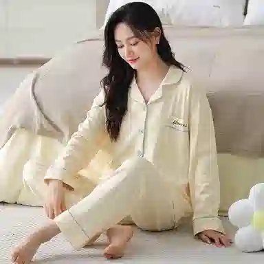 夏芬妍 休闲舒适简约高级感千鸟格满印经典翻领开衫宽松柔软亲肤长袖长裤可外穿睡衣套装 女款 黄色