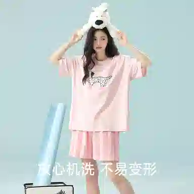 夏芬妍 柔软舒适透气亲肤条纹萌狗圆领家居服休闲凉感短袖时尚可外穿睡衣套装 女款 粉色