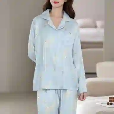夏芬妍 时尚甜美蝴蝶结小猫冰丝翻领家居服简约休闲舒适亲肤宽松长袖长裤可外穿睡衣套装 女款 蓝色