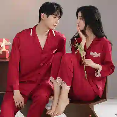 夏芬妍 大红喜庆系列  舒适丝滑柔软结婚本命年翻领冰丝家居服休闲长袖长裤短袖短裤可外穿睡衣套装 男女同款
